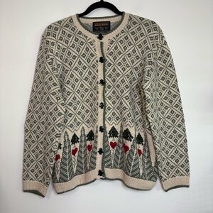 Woolrich Tree Heart Print Sweater S Ramie Cotton‎ Button Cardigan Outdoorsy